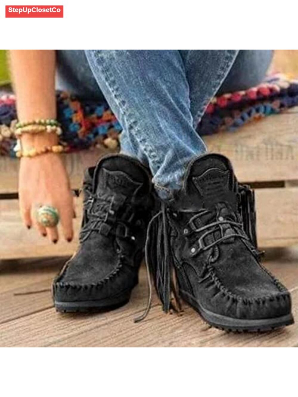 Vintage Fringed Ankle Boots Faux Suede Moc Toe Flat Booties - Picture 4 of 6